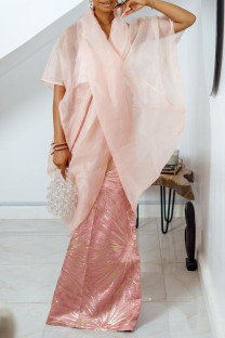 Pink Casual Solid Color Patchwork See-Through V Neck T-Shirts