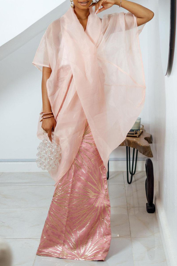 Pink Casual Solid Color Patchwork See-Through V Neck T-Shirts