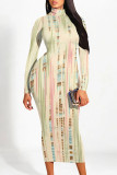 Beige Casual Street Colorblock Striped Print Contrast Half A Turtleneck Dresses