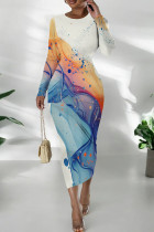 Orange Blue Casual Print Patchwork O Neck Wrapped Skirt Dresses