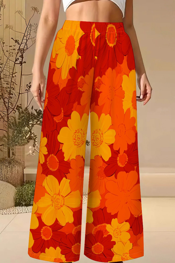 Orange Casual Print Patchwork Loose High Waist Wide Leg Full Print Bottoms