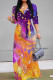 Purple Orange Elegant Print Patchwork Strap Design V Neck Long Dresses