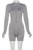 Grey Sexy Solid Color Patchwork Zipper Zipper Collar Skinny Rompers
