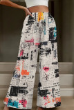 White Casual Print Patchwork Loose High Waist Wide Leg Full Print Bottoms