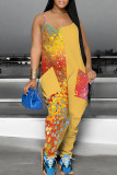 Yellow Casual Print Pocket Patchwork Spaghetti Strap Loose Jumpsuits
