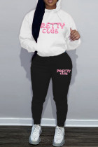 White Black Casual Letters Pocket Patchwork Contrast Hooded Long Sleeve Two Pieces