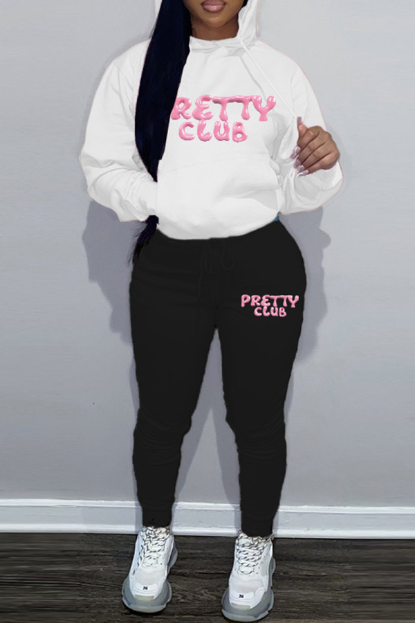 White Black Casual Letters Pocket Patchwork Contrast Hooded Long Sleeve Two Pieces