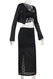 Black Sexy Solid Color Patchwork Cardigan Collar Long Sleeve Three Pieces