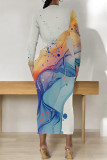 Blue Yellow Casual Print Patchwork O Neck Wrapped Skirt Dresses