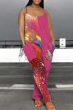 Red Casual Print Pocket Patchwork Spaghetti Strap Loose Jumpsuits