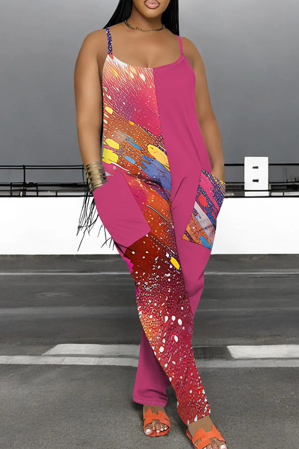 Rose Red Casual Print Pocket Patchwork Spaghetti Strap Loose Jumpsuits