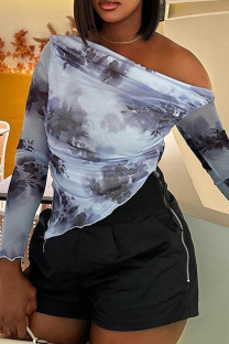 Silver Gray Casual Print Patchwork Oblique Collar Tops