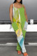 Green Casual Print Pocket Patchwork Spaghetti Strap Loose Jumpsuits