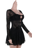 Black Sexy Solid Color Hollow Out Patchwork Square Neck A Line Dresses