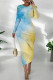 Blue Yellow Casual Print Patchwork O Neck Wrapped Skirt Dresses