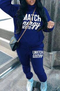 Blue Casual Print Pocket Patchwork Hooded Long Sleeve Two Pieces