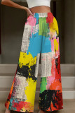 White Casual Print Patchwork Loose High Waist Wide Leg Full Print Bottoms