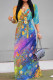 Colour Elegant Print Patchwork Strap Design V Neck Long Dresses
