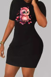Black Casual Print Patchwork O Neck Wrapped Skirt Dresses