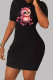Black Casual Print Patchwork O Neck Wrapped Skirt Dresses