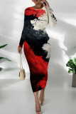 Blue Yellow Casual Print Patchwork O Neck Wrapped Skirt Dresses