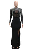 Apricot Elegant Solid Color Fringed Trim Patchwork Slit Hot Drill O Neck Long Dresses