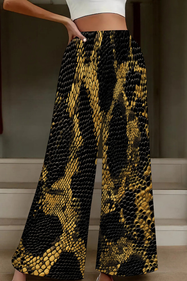 Black Casual Print Patchwork Loose High Waist Wide Leg Full Print Bottoms