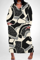 Black Casual Colorblock National Totem Print Pocket Contrast V Neck Printed Plus Size Dresses