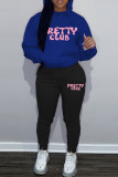 Blue Black Casual Letters Pocket Patchwork Contrast Hooded Long Sleeve Two Pieces