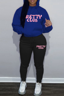 Blue Black Casual Letters Pocket Patchwork Contrast Hooded Long Sleeve Two Pieces