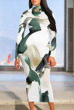 Beige Casual Street Colorblock Striped Print Contrast Half A Turtleneck Dresses