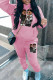 Pink Casual Print Pocket Patchwork Hooded Long Sleeve Two Pieces
