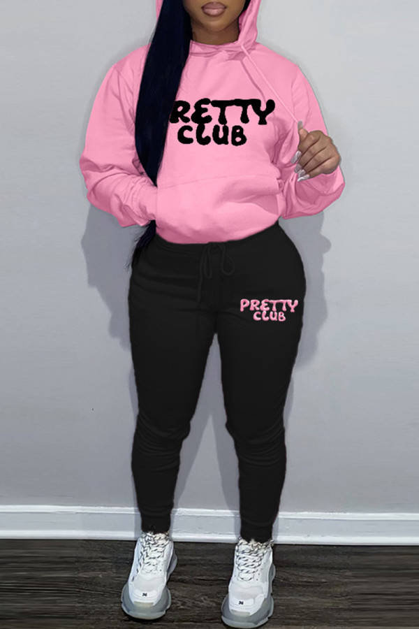 Pink Black Casual Letters Pocket Patchwork Contrast Hooded Long Sleeve Two Pieces