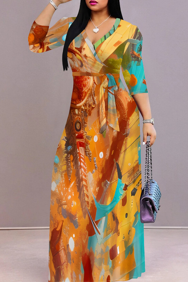 Orange Yellow Elegant Print Patchwork Strap Design V Neck Long Dresses