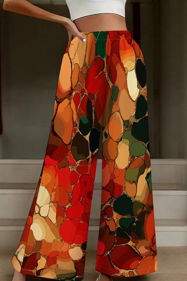 Colour Casual Print Patchwork Loose High Waist Wide Leg Full Print Bottoms