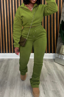 Green Casual Solid Color Patchwork Zipper Zipper Collar Long Sleeve Two Pieces