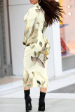 Beige Casual Street Colorblock Striped Print Contrast Half A Turtleneck Dresses