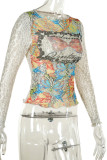 Yellow Casual Print Patchwork O Neck Tops