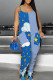 Blue Casual Print Pocket Patchwork Spaghetti Strap Loose Jumpsuits