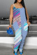 Baby Blue Casual Print Pocket Patchwork Spaghetti Strap Loose Jumpsuits