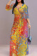 Yellow Red Elegant Print Patchwork Strap Design V Neck Long Dresses
