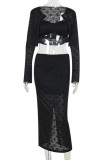 Black Sexy Solid Color Patchwork Cardigan Collar Long Sleeve Three Pieces