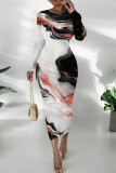 Blue Yellow Casual Print Patchwork O Neck Wrapped Skirt Dresses