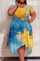 Blue Yellow Casual Print Patchwork O Neck Irregular Plus Size Dresses