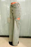 Blue Yellow Casual Solid Color Hollow Out Distressed Pocket Patchwork High Waist Straight Denim Jeans