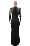 Apricot Elegant Solid Color Fringed Trim Patchwork Slit Hot Drill O Neck Long Dresses