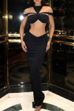 Black Sexy Solid Color Hollow Out Patchwork O Neck Long Dresses