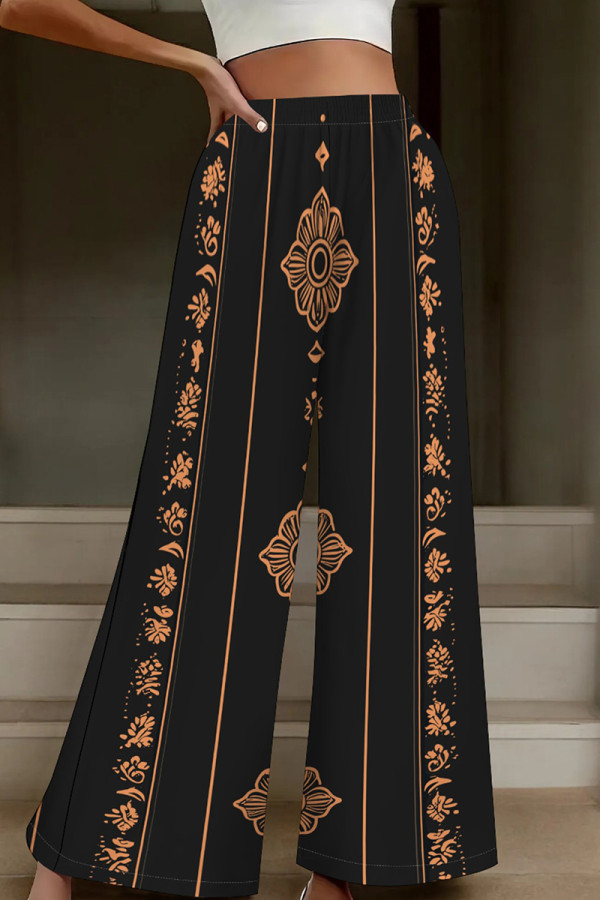 Black Casual Print Patchwork Loose High Waist Wide Leg Full Print Bottoms