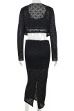 Black Sexy Solid Color Patchwork Cardigan Collar Long Sleeve Three Pieces