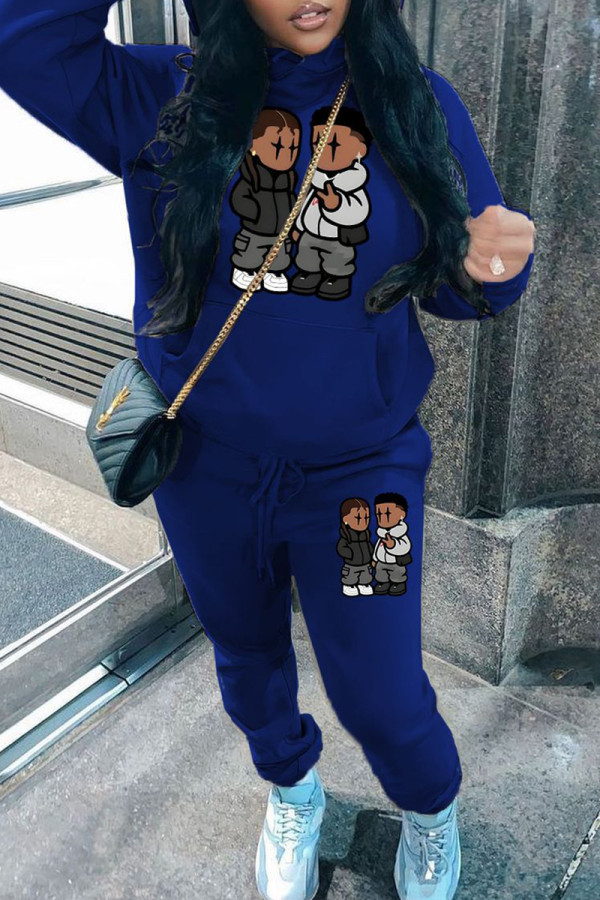 Blue Casual Print Pocket Patchwork Hooded Long Sleeve Two Pieces